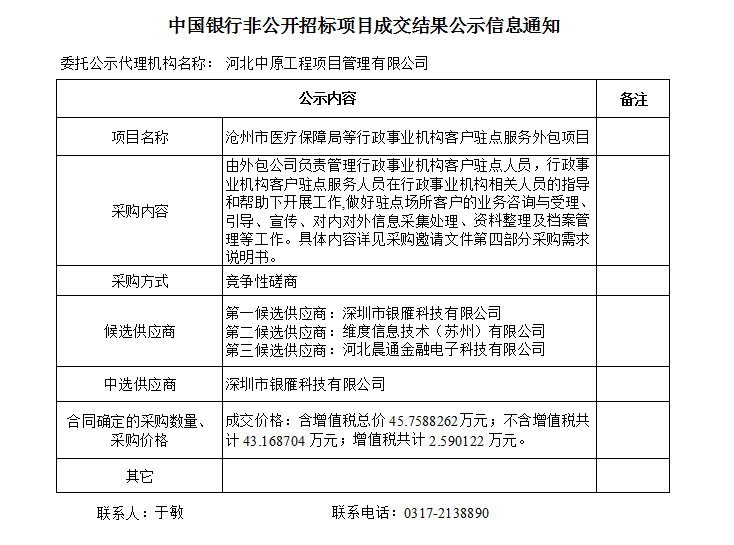 中国银行非公开招标项目成交结果公示信息沧州市医疗保障局等行政事业机构客户驻点服务外包项目.png